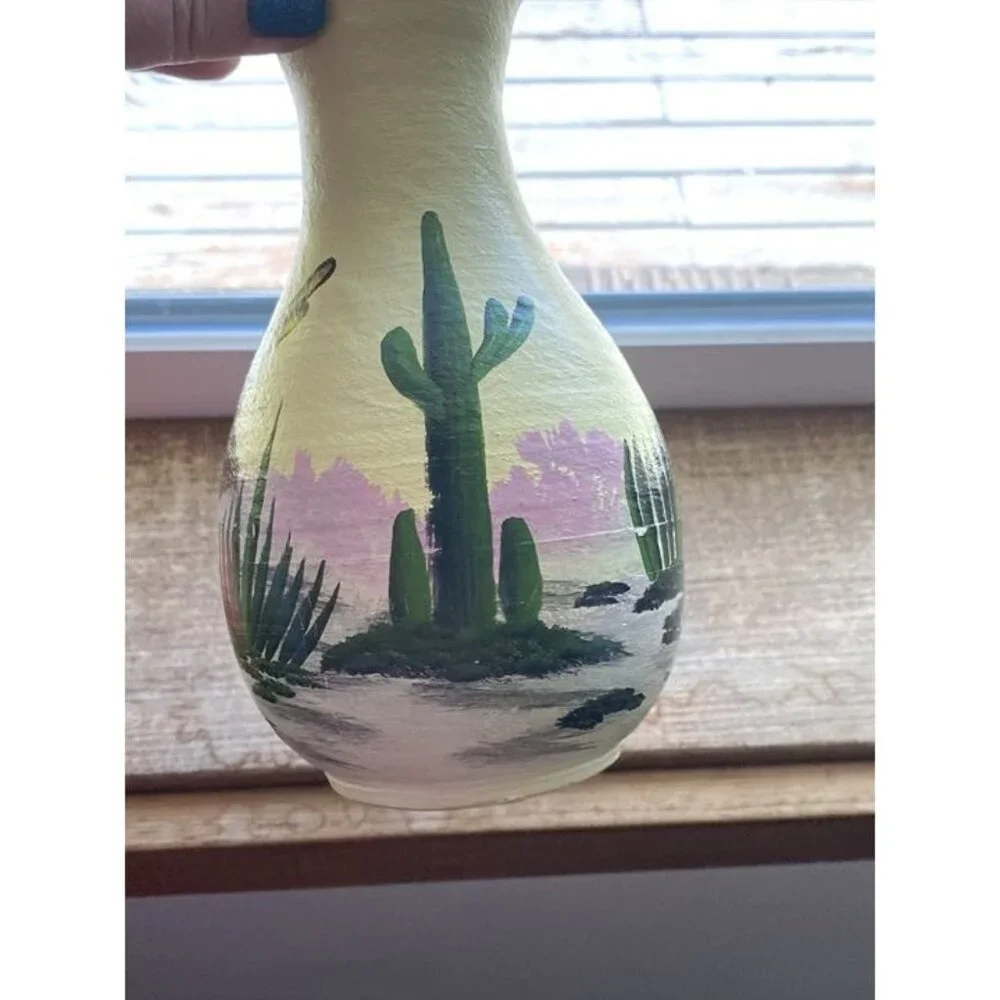 2007 Southwestern Roadrunner Cactus Painted Yellow Vase Signed
